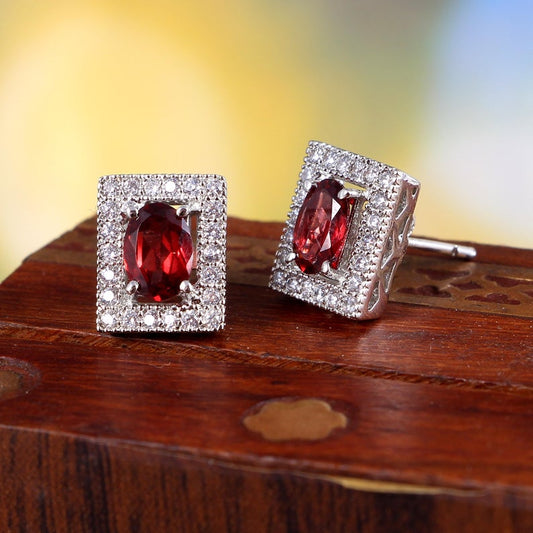 3.50 Ct Oval Cut Red Garnet 925 Sterling Silver Halo Anniversary Gift Stud Earrings