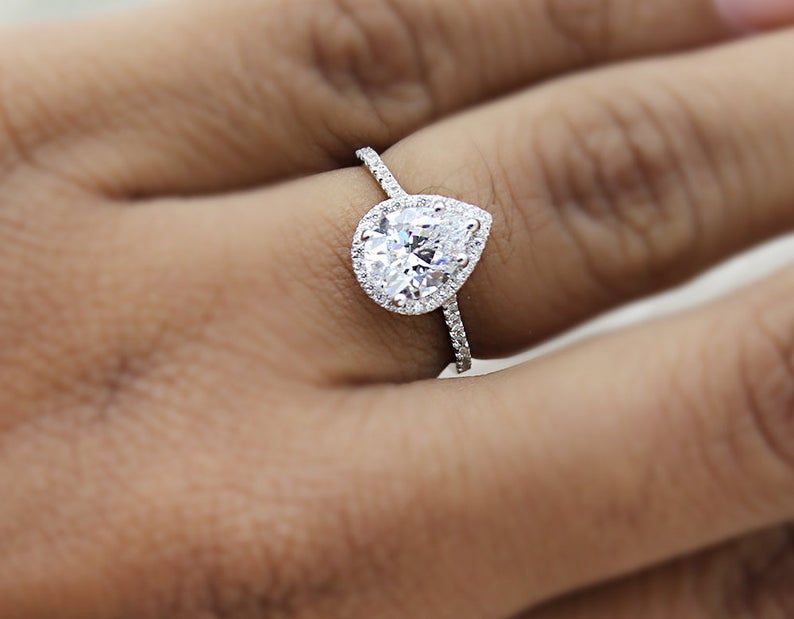 1.72 CT Pear Cut White Diamond White Gold Over On 925 Sterling Silver Halo Promise Ring For Women