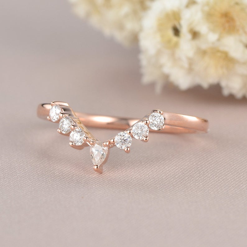 0.75 CT Marquise Cut Diamond Rose Gold Over On 925 Sterling Silver Wedding Band Curved Ring