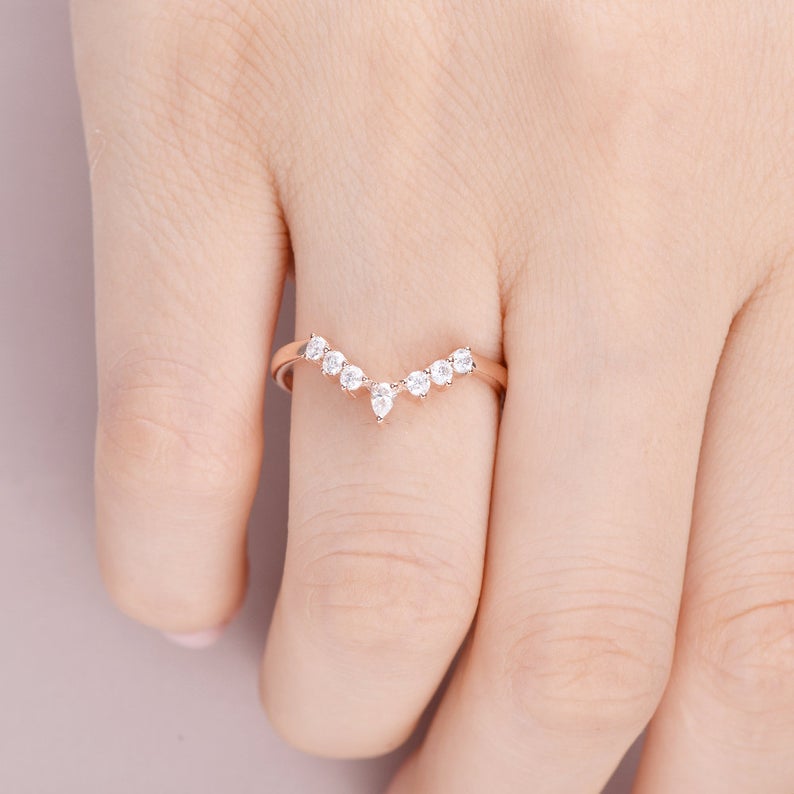 0.75 CT Marquise Cut Diamond Rose Gold Over On 925 Sterling Silver Wedding Band Curved Ring