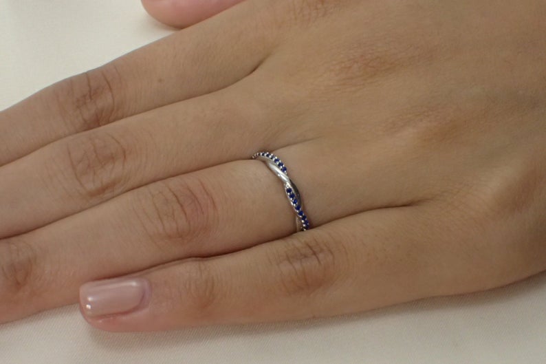 1.20 CT Round Cut Blue Sapphire White Gold Over On 925 Sterling Silver Infinity Wedding Band Ring