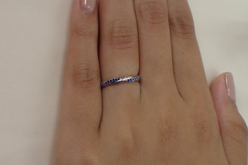 1.20 CT Round Cut Blue Sapphire White Gold Over On 925 Sterling Silver Infinity Wedding Band Ring