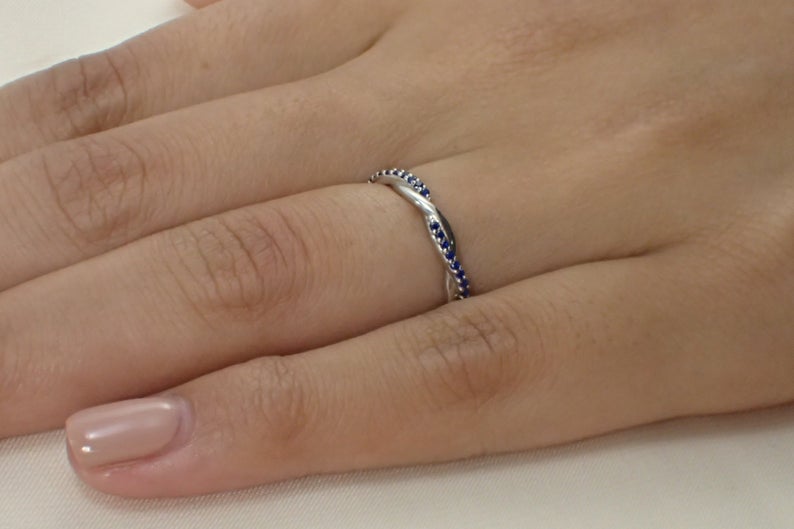 1.20 CT Round Cut Blue Sapphire White Gold Over On 925 Sterling Silver Infinity Wedding Band Ring