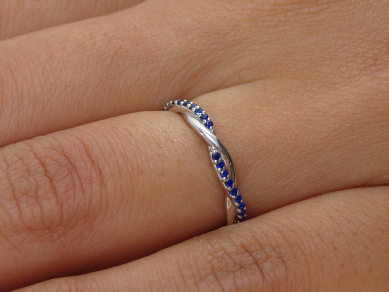 1.20 CT Round Cut Blue Sapphire White Gold Over On 925 Sterling Silver Infinity Wedding Band Ring