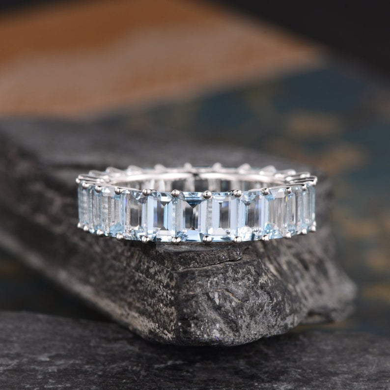 1 CT Emerald Cut Aquamarine White Gold Over On 925 Sterling Silver Wedding Band Women Full Eternity Ring