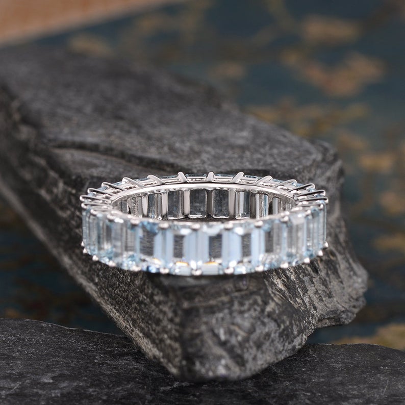 CT Emerald Cut Aquamarine White Gold Over On 925 Sterling Silver Wedding Band Women Full Eternity Ring