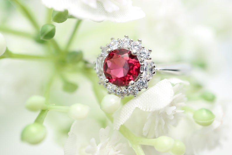 1 CT Round Cut Red Tourmaline Diamond 925 Sterling Silver Halo Flower Engagement Ring