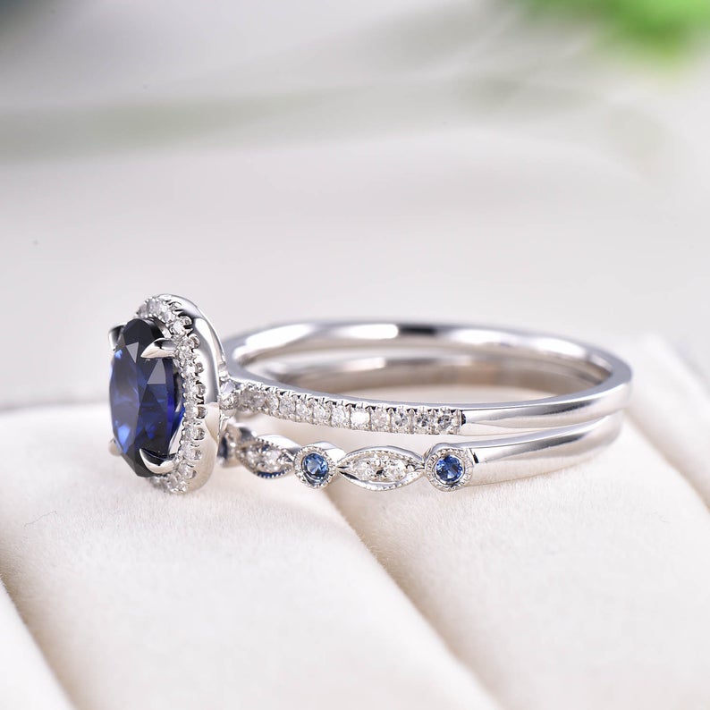 3 CT Oval Cut Blue Sapphire Diamond 925 Sterling Silver Halo Engagement Bridal Ring Set