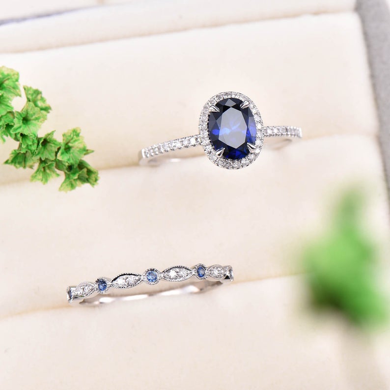 3 CT Oval Cut Blue Sapphire Diamond 925 Sterling Silver Halo Engagement Bridal Ring Set