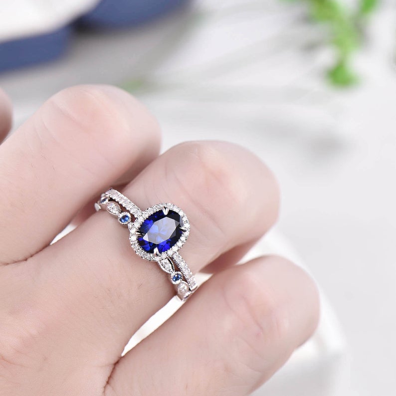 3 CT Oval Cut Blue Sapphire Diamond 925 Sterling Silver Halo Engagement Bridal Ring Set