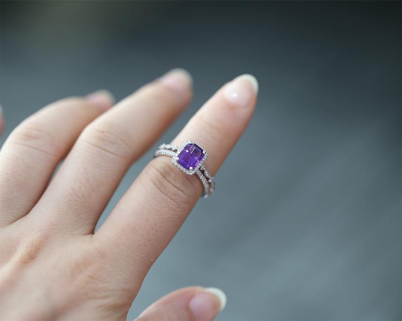 1 CT Emerald Cut Amethyst Diamond White Gold Over On 925 Sterling Silver Halo Bridal Ring Set