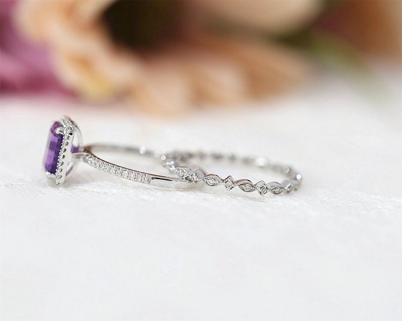 1 CT Emerald Cut Amethyst Diamond White Gold Over On 925 Sterling Silver Halo Bridal Ring Set