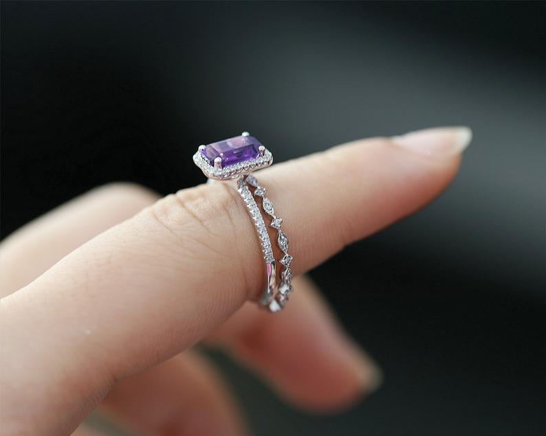 1 CT Emerald Cut Amethyst Diamond White Gold Over On 925 Sterling Silver Halo Bridal Ring Set