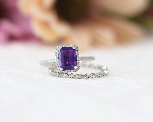 1 CT Emerald Cut Amethyst Diamond White Gold Over On 925 Sterling Silver Halo Bridal Ring Set
