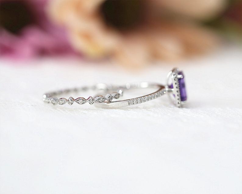 1 CT Emerald Cut Amethyst Diamond White Gold Over On 925 Sterling Silver Halo Bridal Ring Set