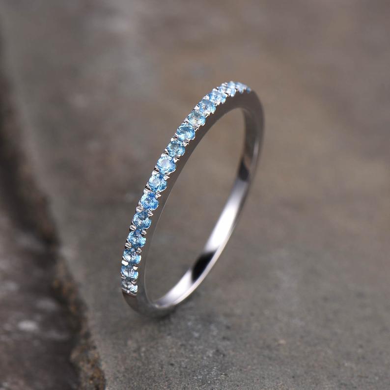 0.75 Ct Round Cut Blue Topaz Half Eternity Promise Band Ring In 925 Sterling Silver