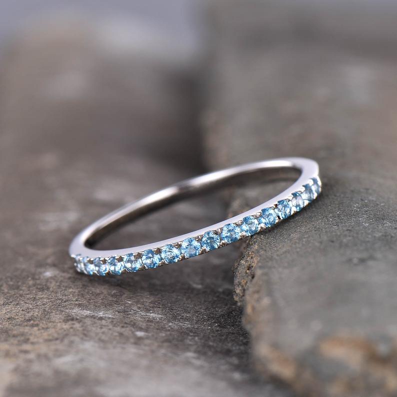 0.75 Ct Round Cut Blue Topaz Half Eternity Promise Band Ring In 925 Sterling Silver