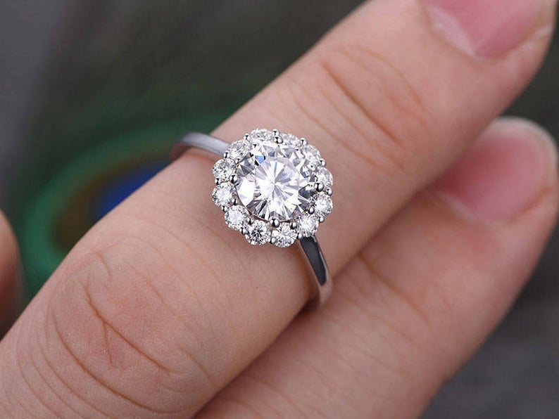 3 CT Brilliant Cut Moissanite Diamond 925 Sterling Silver Halo Promise Ring