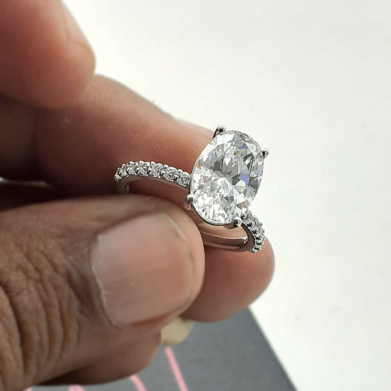 2 CT Oval Cut White Diamond 925 Sterling Silver Solitaire With Accent Ring
