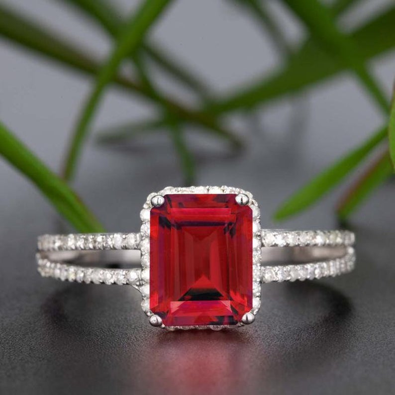 1 CT Emerald Cut Red Ruby and CZ Diamond 925 Sterling Silver Halo Anniversary Ring Gift for her
