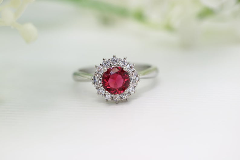 1 CT Round Cut Red Tourmaline Diamond 925 Sterling Silver Halo Flower Engagement Ring