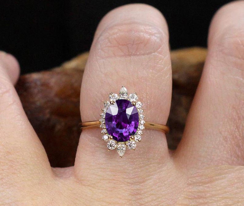 1 CT Oval Cut Amethyst Diamond Yellow Gold Over On 925 Sterling Silver Halo Vintage Promise Ring