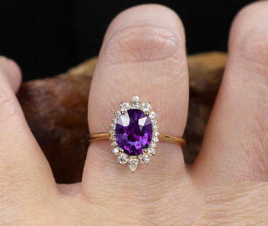 1 CT Oval Cut Amethyst Diamond Yellow Gold Over On 925 Sterling Silver Halo Vintage Promise Ring