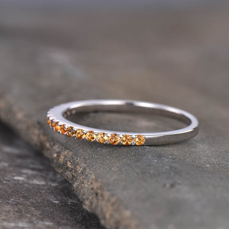 0.75 Ct Round Cut Yellow Citrine 925 Sterling Silver Half Eternity Engagement Band Ring