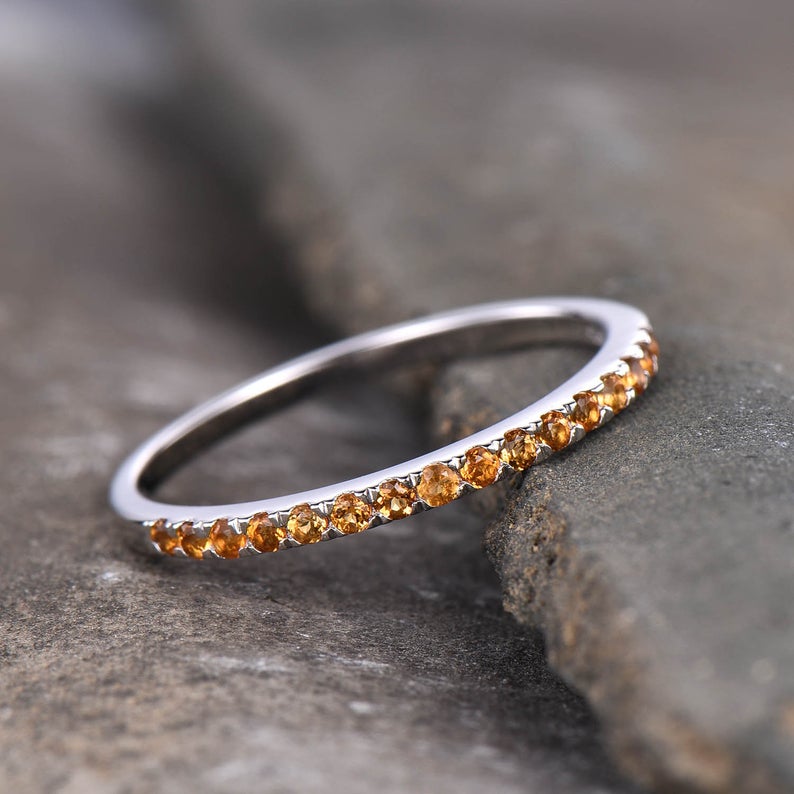 0.75 Ct Round Cut Yellow Citrine 925 Sterling Silver Half Eternity Engagement Band Ring