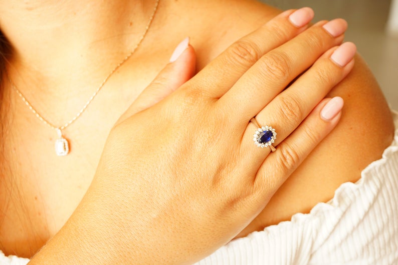 1 CT Oval Cut Blue Sapphire Diamond 925 Sterling Silver Engagement Ring - atjewels.in