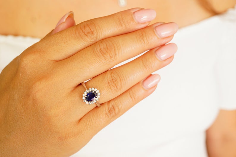 1 CT Oval Cut Blue Sapphire Diamond 925 Sterling Silver Engagement Ring - atjewels.in