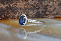 1 CT Oval cut Blue sapphire Diamond White Gold Over On 925 Sterling Silve Halo Engagement Ring