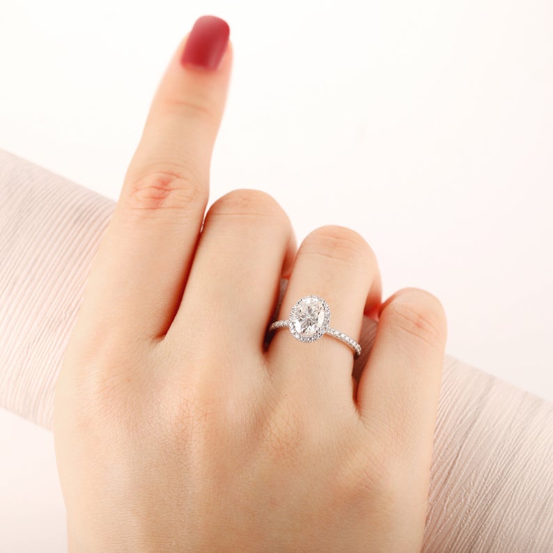 1.50 Ct Oval & Round Cut Diamond Halo Engagement Wedding Ring In 925 Sterling Silver