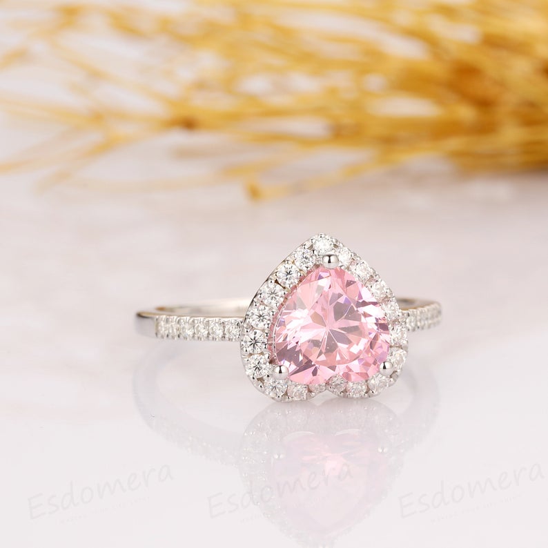 1.50 Ct Heart Cut Pink Sapphire 925 Sterling Silver Halo Proposal Ring For Her