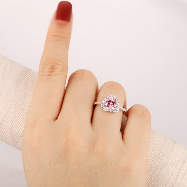 1.50 Ct Heart Cut Pink Sapphire 925 Sterling Silver Halo Proposal Ring For Her