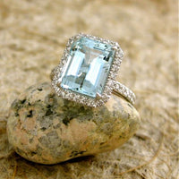 2 CT Emerald Cut Aquamarine Diamond 925 Sterling Silver Halo With Accent Engagement Ring