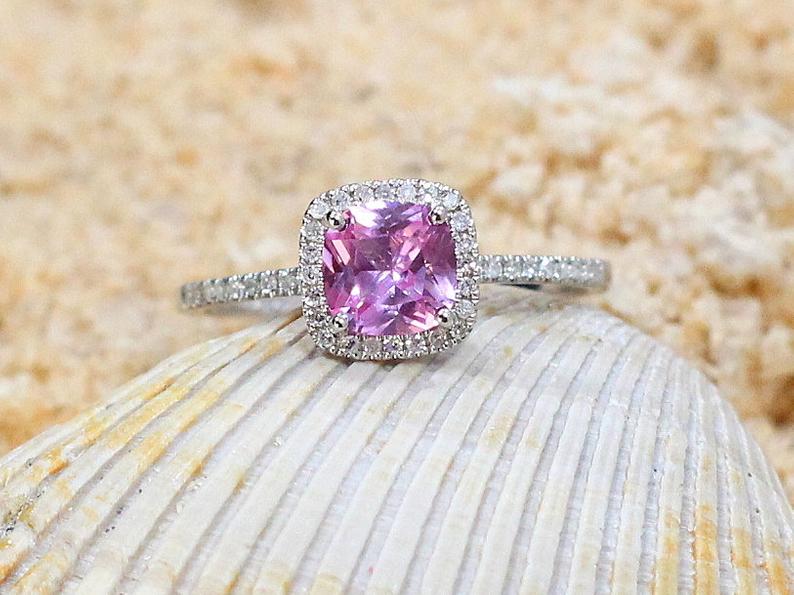 2 CT Cushion Cut Pink Sapphire Diamond 925 Sterling Silver Halo Engagement Ring