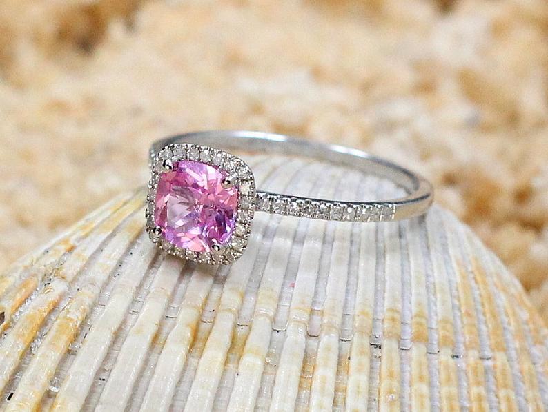 2 CT Cushion Cut Pink Sapphire Diamond 925 Sterling Silver Halo Engagement Ring
