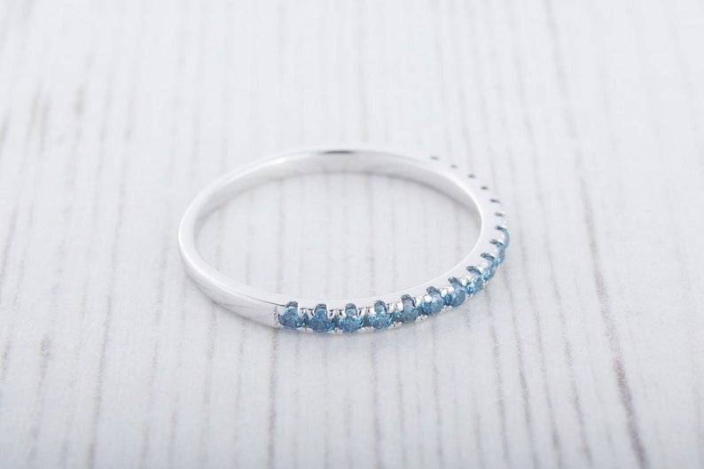 1 CT Round Cut Blue Topaz Diamond 925 Sterling Silver Half Eternity Wedding Band Ring