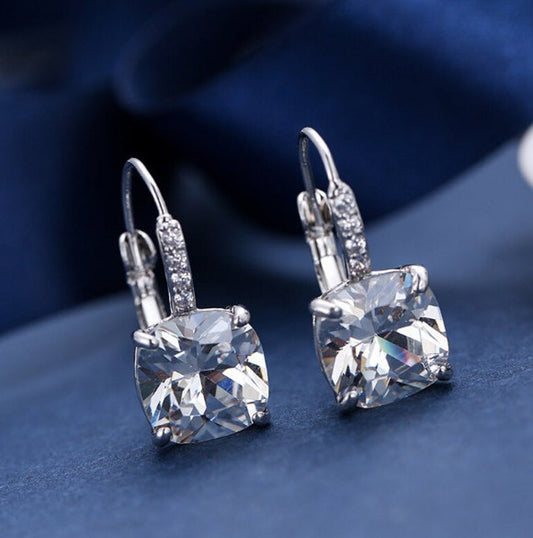 2.25 Ct Cushion Cut White Diamond 925 Sterling Silver Lever Back Women's Earrings