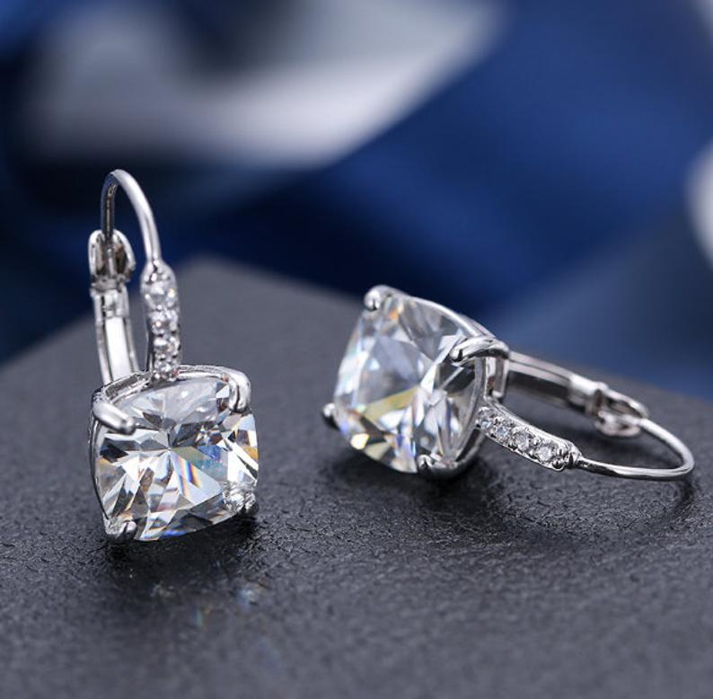 2.25 Ct Cushion Cut White Diamond 925 Sterling Silver Lever Back Women's Earrings