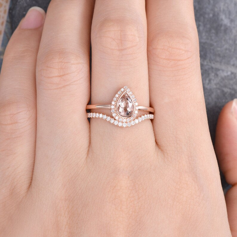 2.50 Ct Pear Cut Peach Morganite Halo Bridal Ring Set Rose Gold Over On 925 Sterling Silver