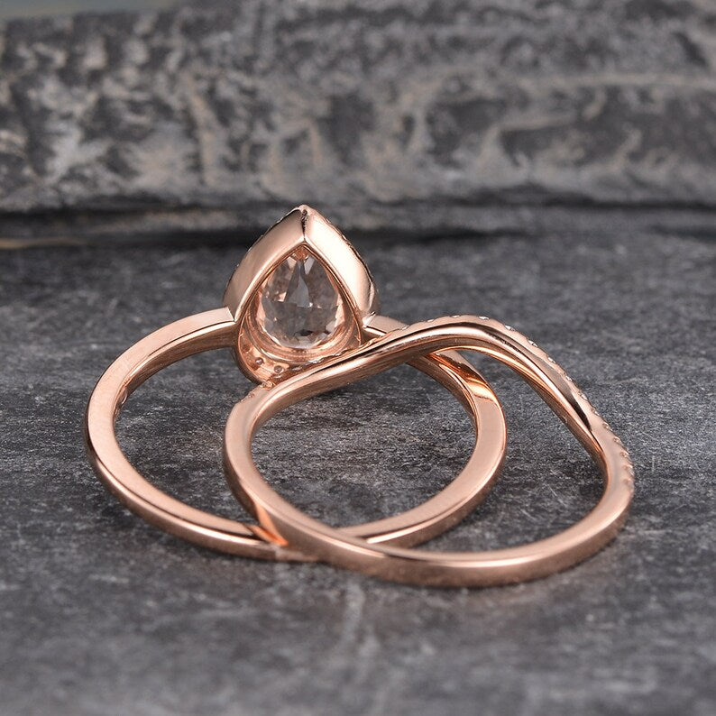 2.50 Ct Pear Cut Peach Morganite Halo Bridal Ring Set Rose Gold Over On 925 Sterling Silver