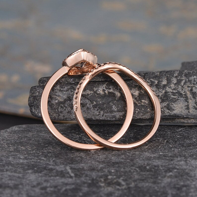 2.50 Ct Pear Cut Peach Morganite Halo Bridal Ring Set Rose Gold Over On 925 Sterling Silver