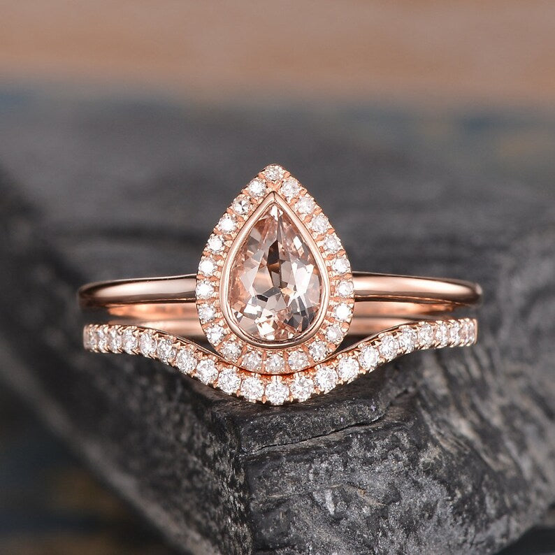 Ct Pear Cut Peach Morganite Halo Bridal Ring Set Rose Gold Over On 925  Sterling Silver