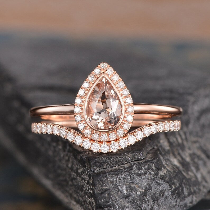 2.50 Ct Pear Cut Peach Morganite Halo Bridal Ring Set Rose Gold Over On 925 Sterling Silver