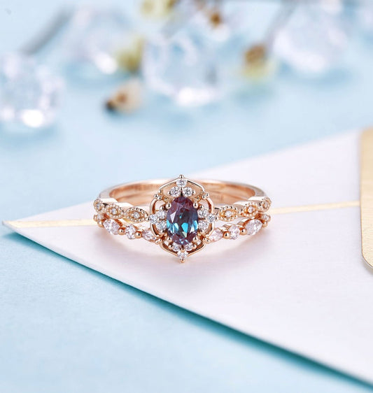 1 CT Oval Cut Alexandrite Diamond 925 Sterling Silver Bridal set Anniversary ring