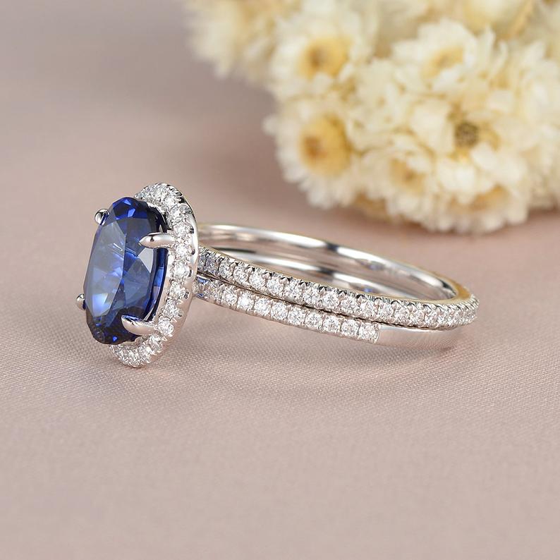2 CT Oval Cut Blue Sapphire Diamond White Gold Over On 925 Sterling Silver Halo Wedding Bridal Ring Set