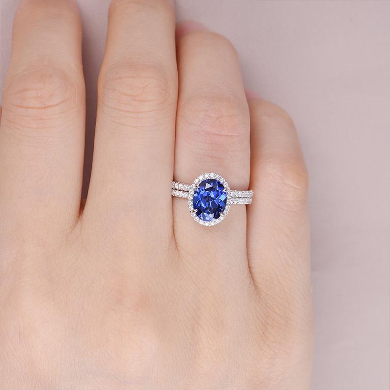 2 CT Oval Cut Blue Sapphire Diamond White Gold Over On 925 Sterling Silver Halo Wedding Bridal Ring Set