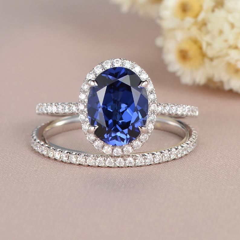 2 CT Oval Cut Blue Sapphire Diamond White Gold Over On 925 Sterling Silver Halo Wedding Bridal Ring Set